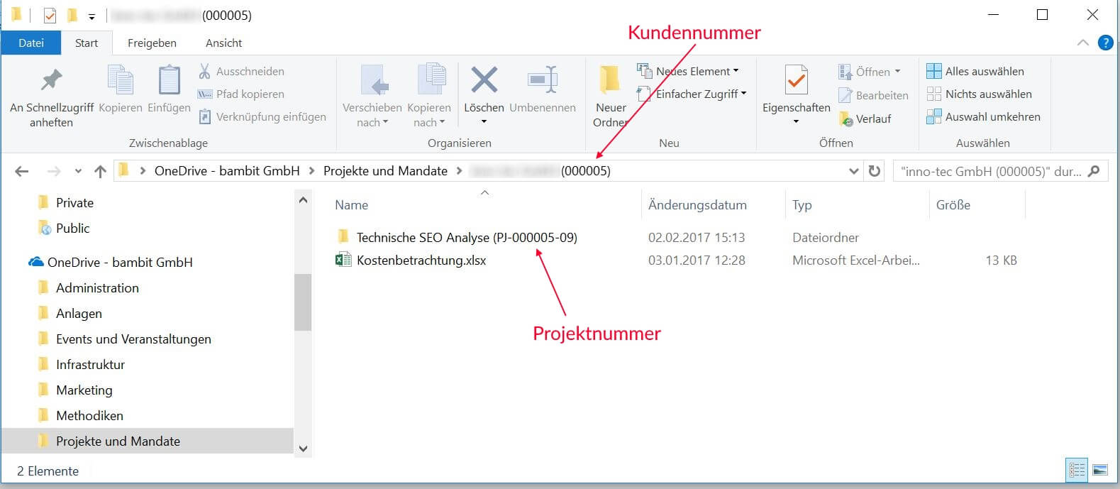 Screenshot von den Nummerierungen unter Windows