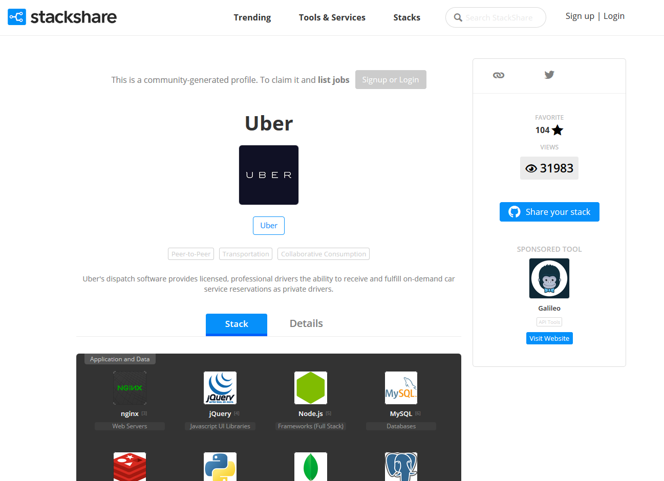 Der StackShare.io Eintrages von Uber