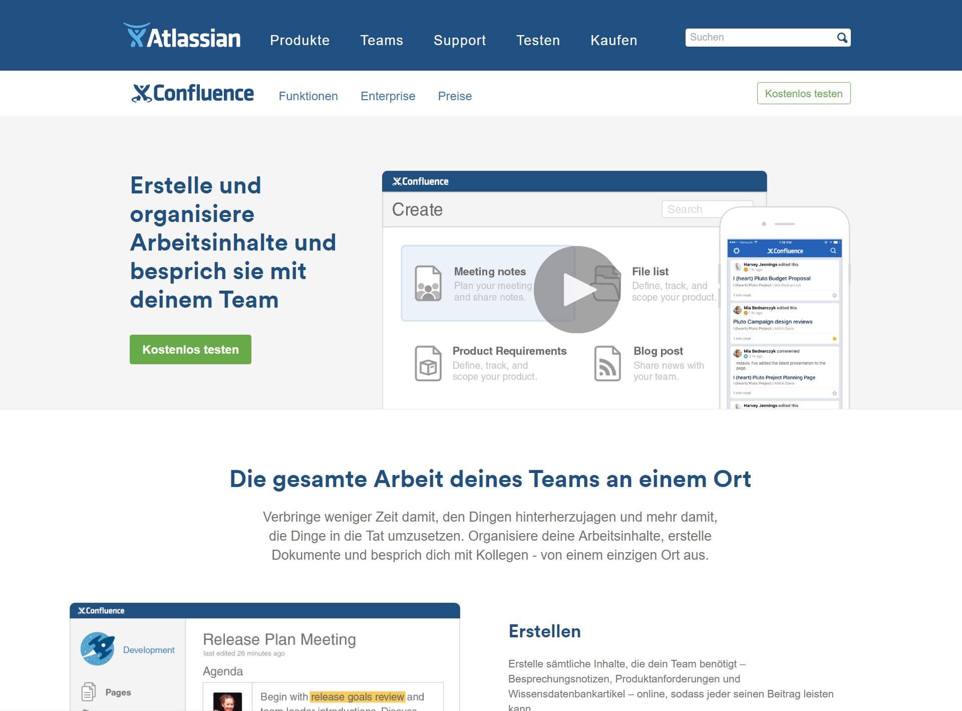 Screenshot von der Atlassian Confluence Cloud Webpage