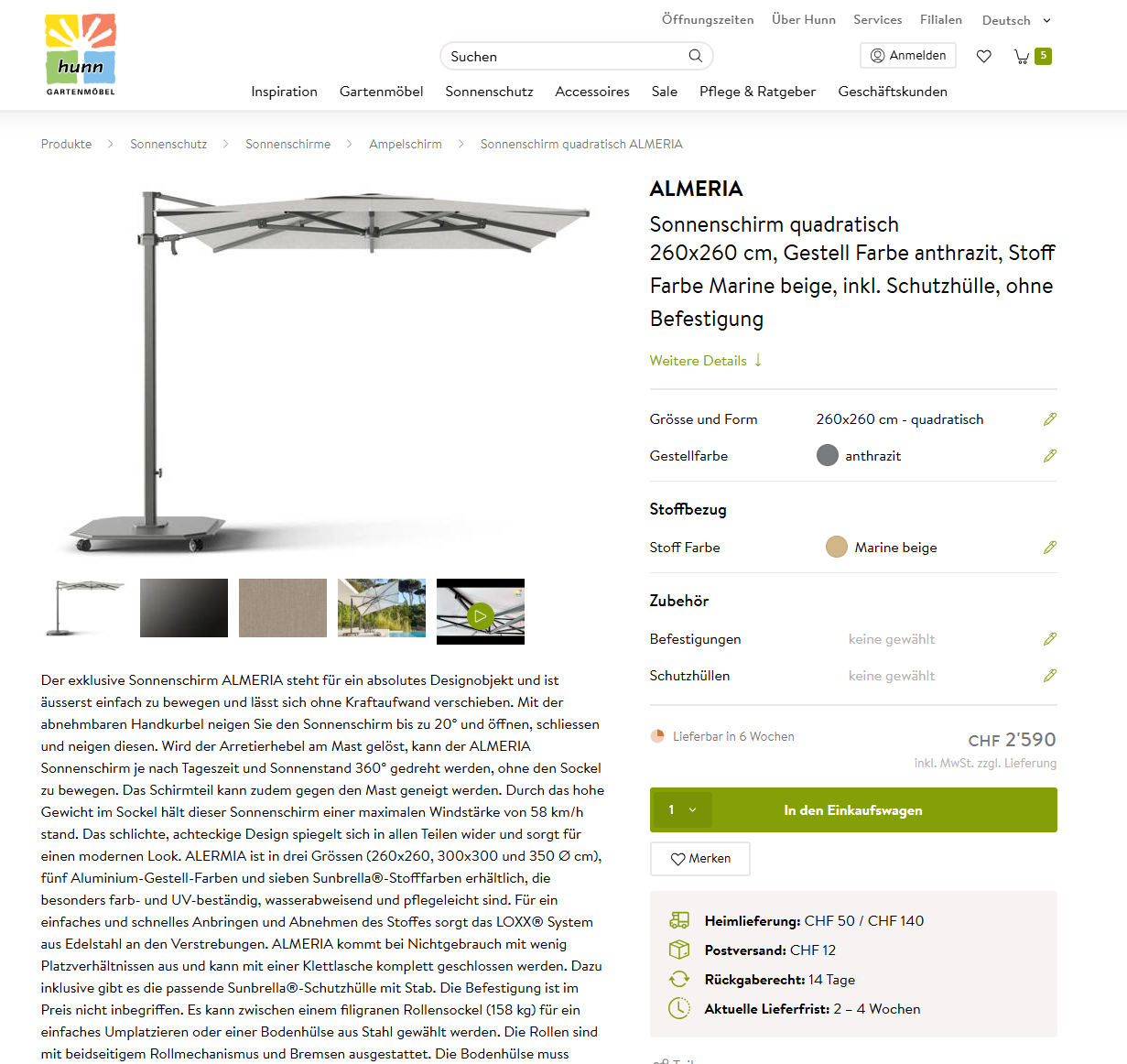 der Sonnenschirm-Konfigurator in der buzzle Digital Commerce Plattform von Hunn Gartenmöbel AG