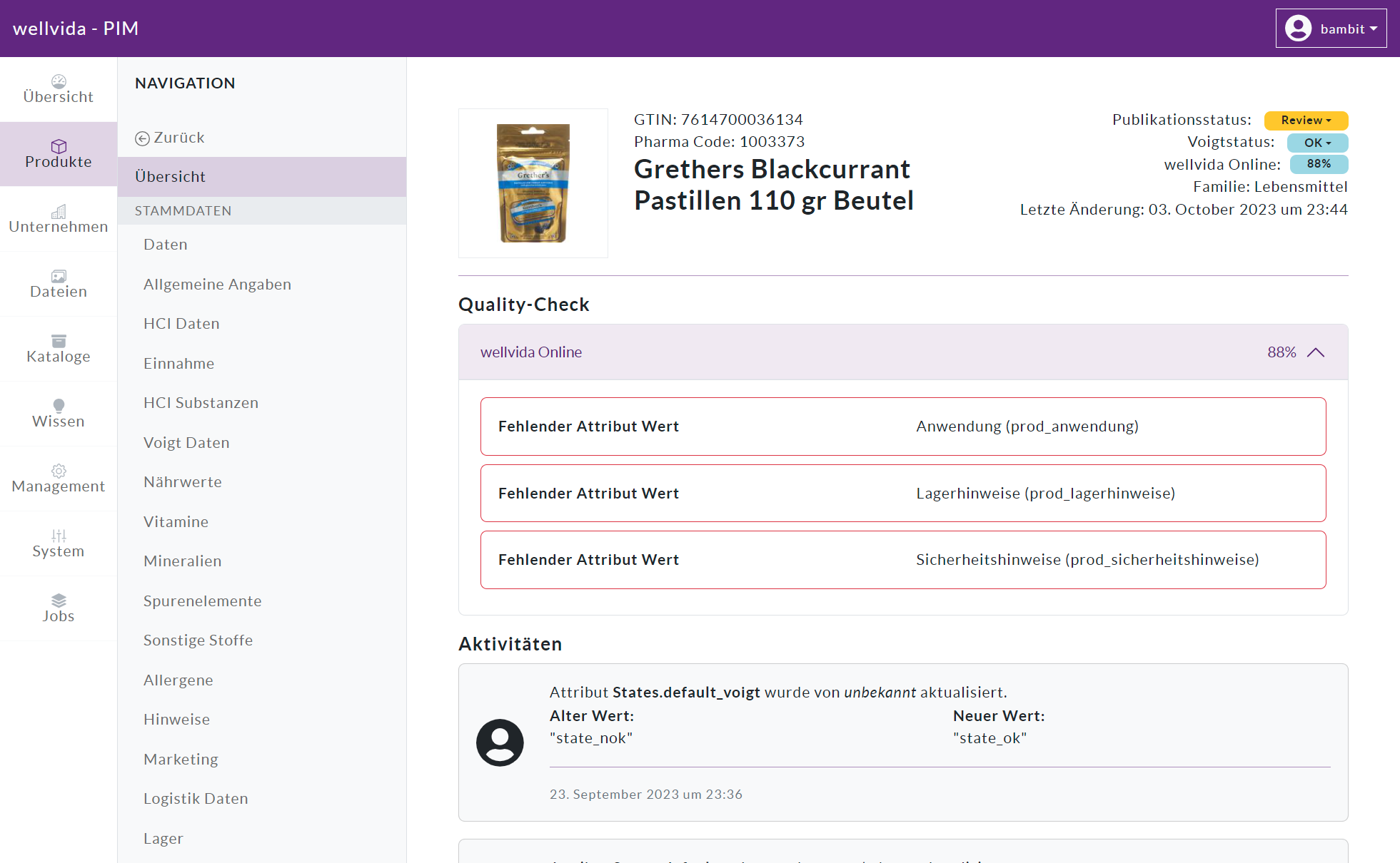 Quality-Score im buzzle PIM-System von wellvida