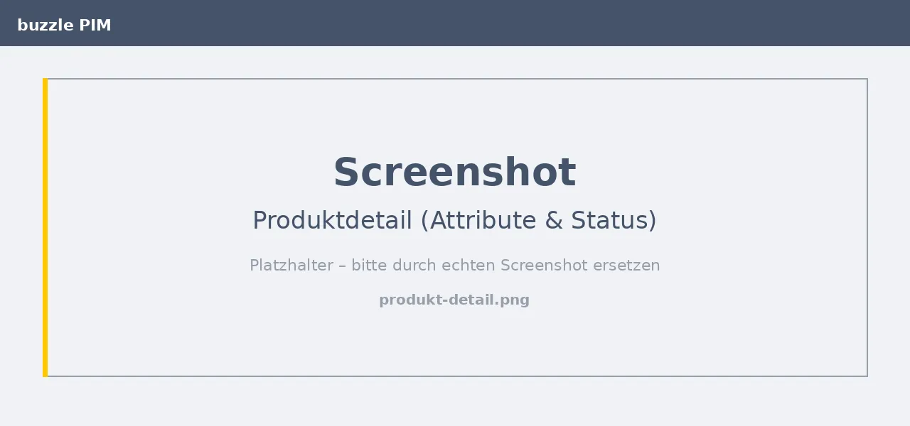 Produktdetail im buzzle PIM mit Navigation über Attributgruppen, Verbindungen und Preisen sowie dem Status-Panel rechts
